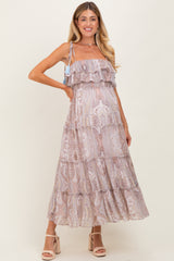 Beige Paisley Ruffle Tiered Shoulder Tie Maternity Maxi Dress