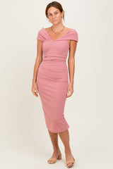 Pink Off Shoulder Fitted Midi Dress