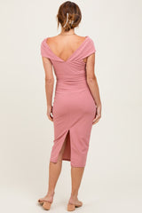 Pink Off Shoulder Fitted Midi Dress