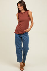Dark Rust Rib Knit Ruffle Trim Sleeveless Top