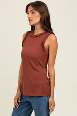 Dark Rust Rib Knit Ruffle Trim Sleeveless Top