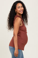Dark Rust Rib Knit Ruffle Trim Sleeveless Maternity Top