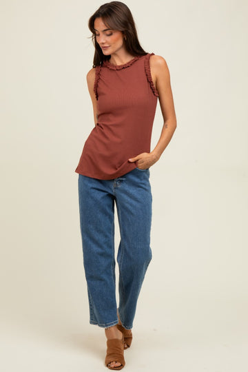Dark Rust Rib Knit Ruffle Trim Sleeveless Top