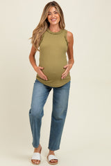 Light Olive Rib Knit Ruffle Trim Sleeveless Maternity Top
