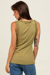 Light Olive Rib Knit Ruffle Trim Sleeveless Top