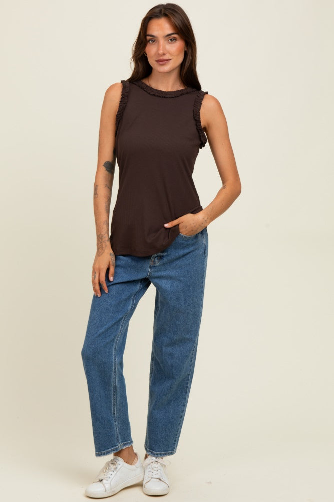 Brown Rib Knit Ruffle Trim Sleeveless Top