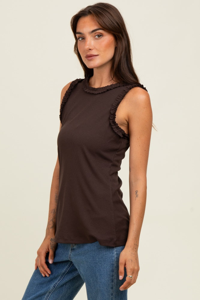 Brown Rib Knit Ruffle Trim Sleeveless Top