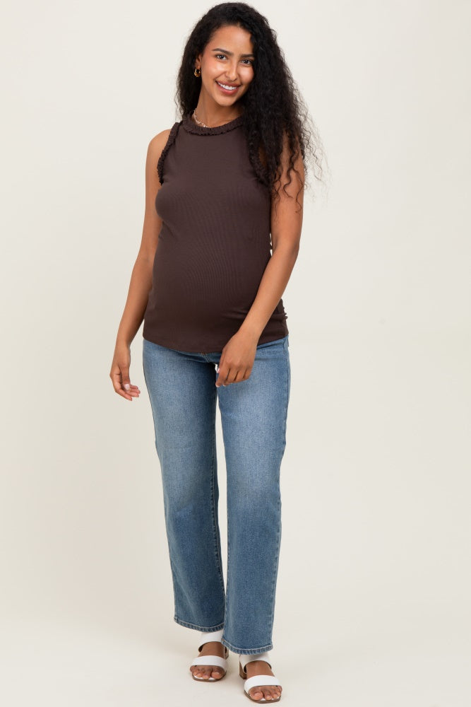 Brown Rib Knit Ruffle Trim Sleeveless Maternity Top