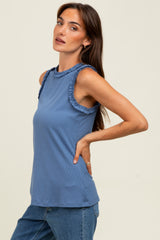 Blue Rib Knit Ruffle Trim Sleeveless Top