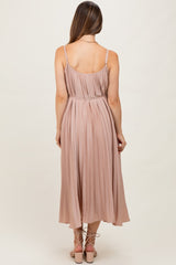 Mocha Pleated Sash Tie Maternity Midi Dress