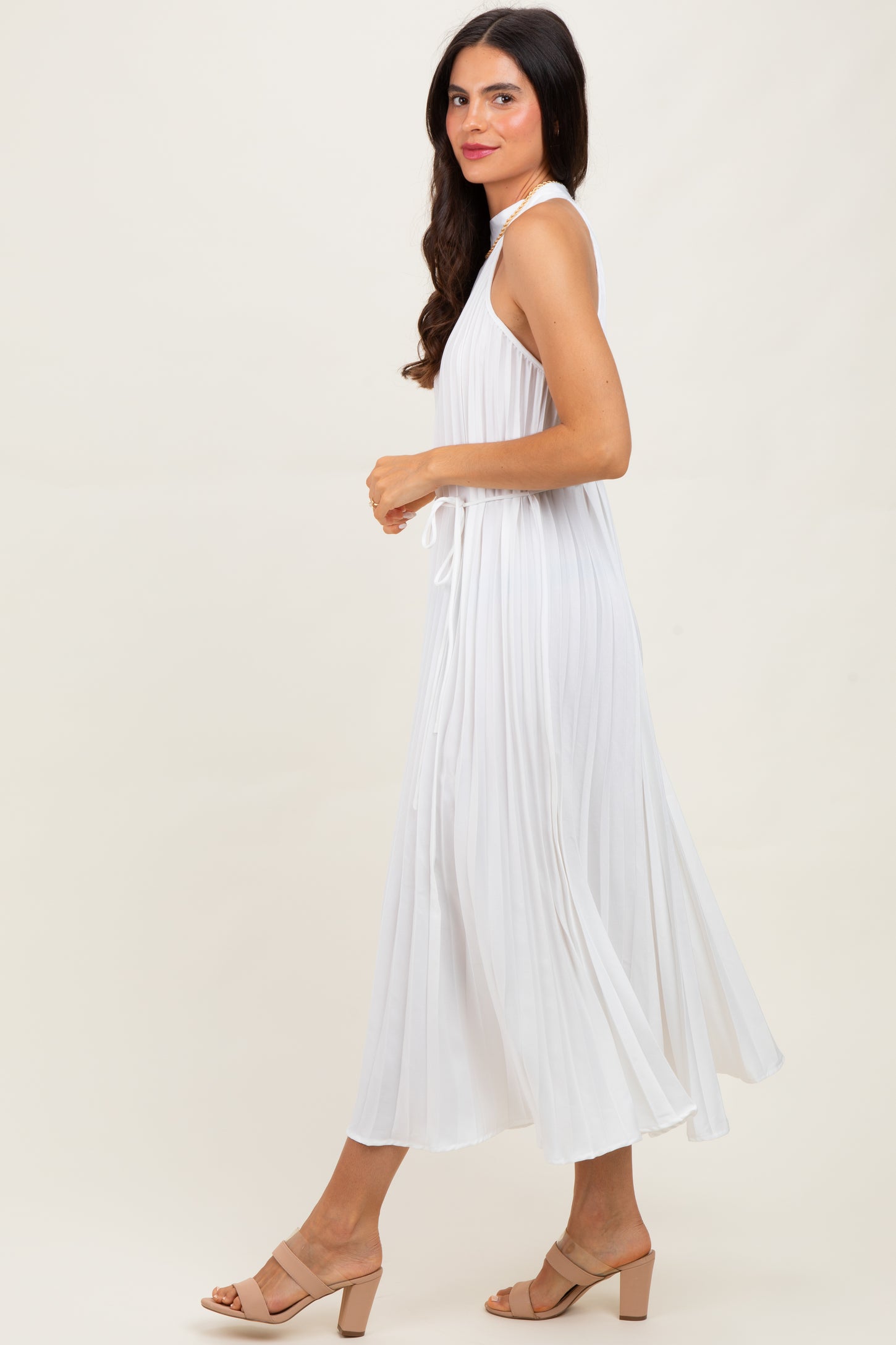 White Pleated Halter Dress