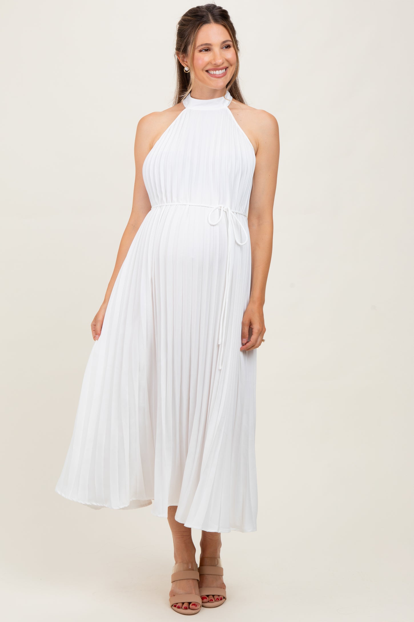 White Pleated Maternity Halter Dress