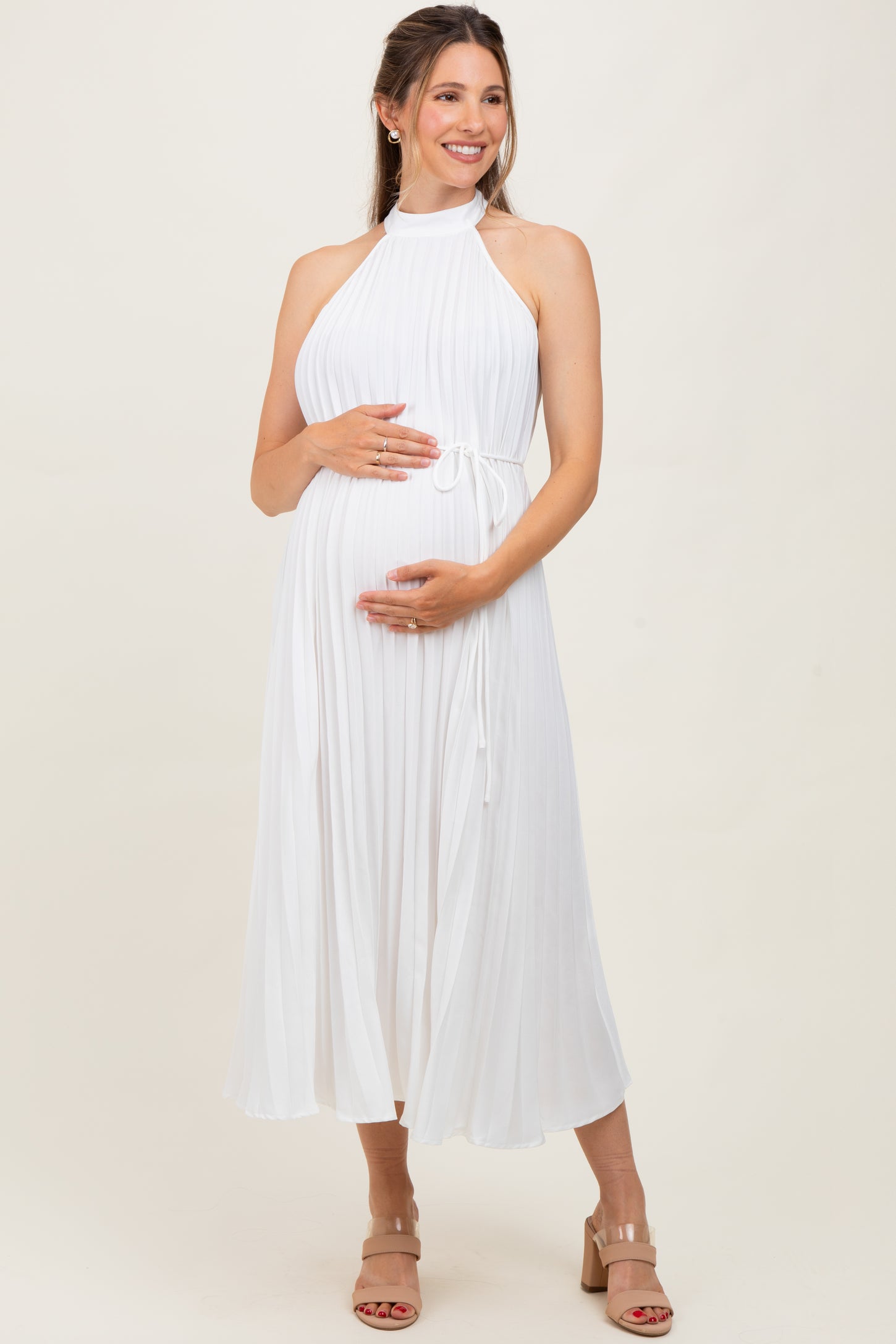 White Pleated Maternity Halter Dress