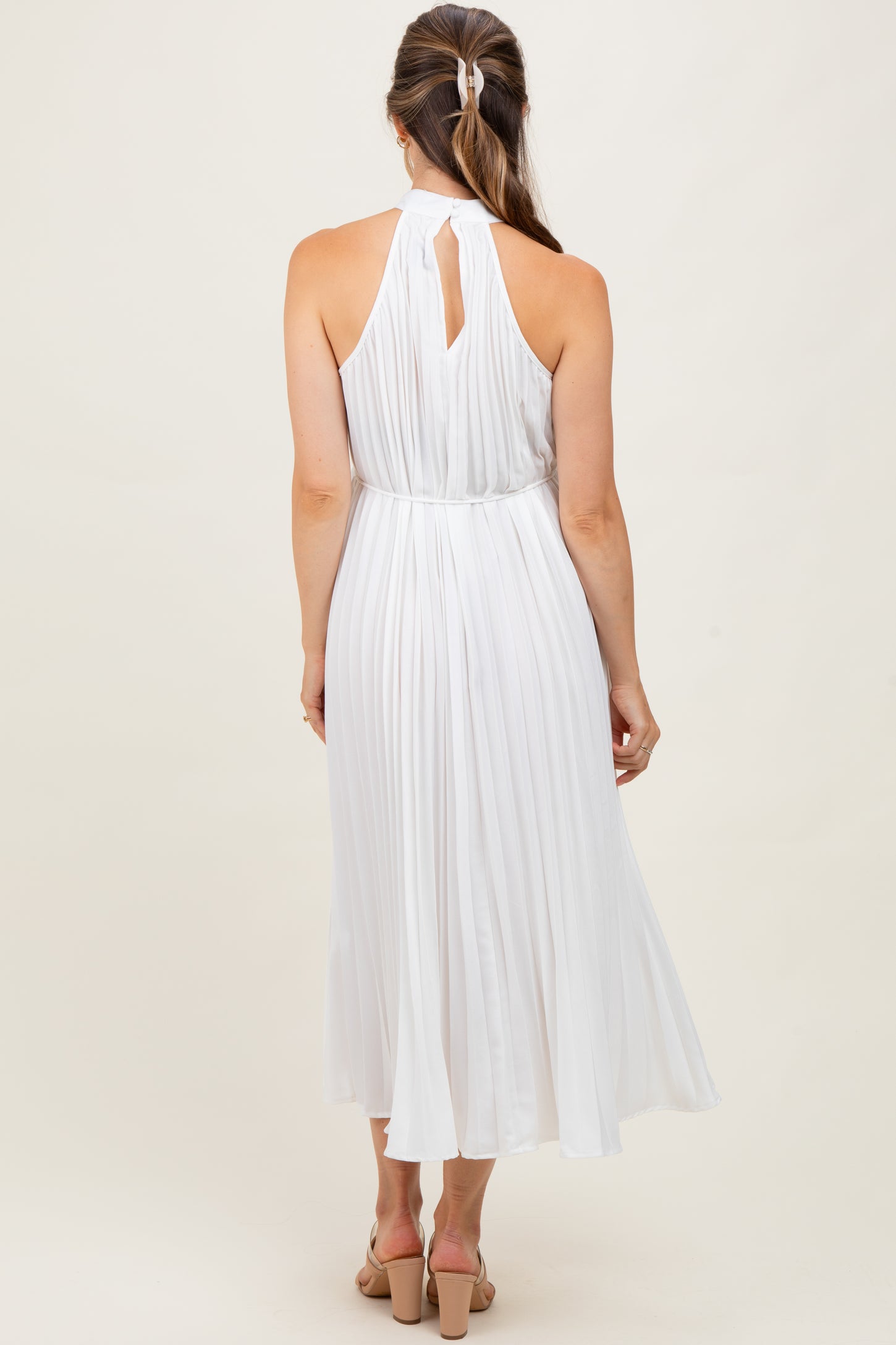 White Pleated Maternity Halter Dress