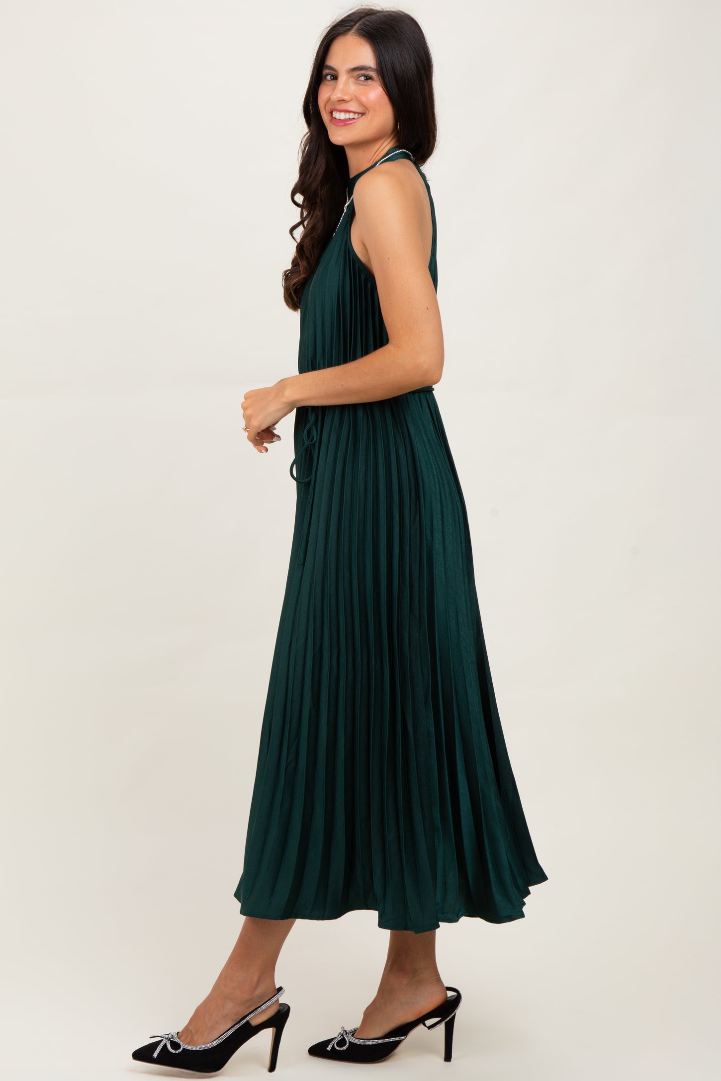 Forest Green Pleated Halter Dress