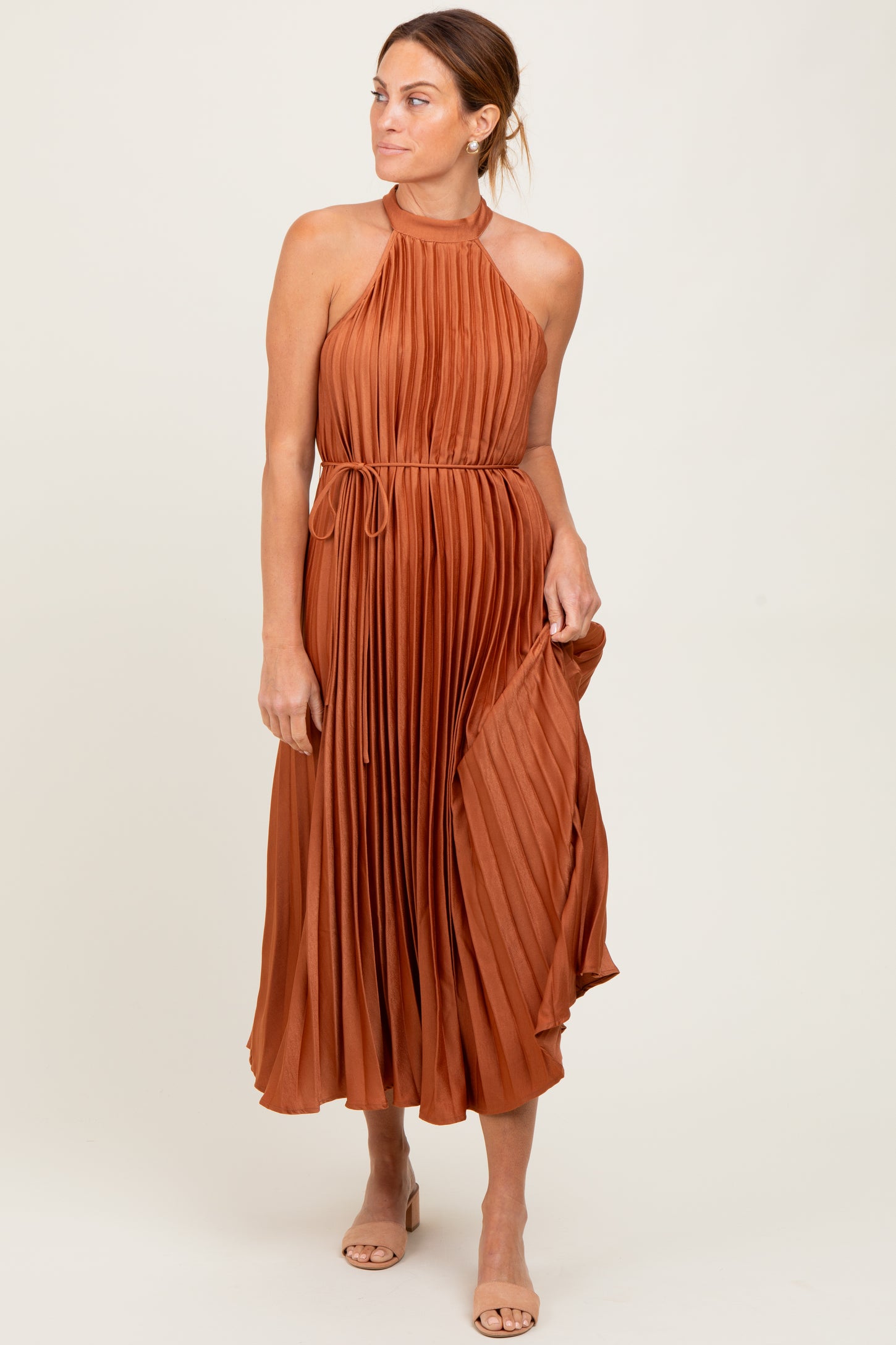 Mocha Pleated Maternity Halter Dress