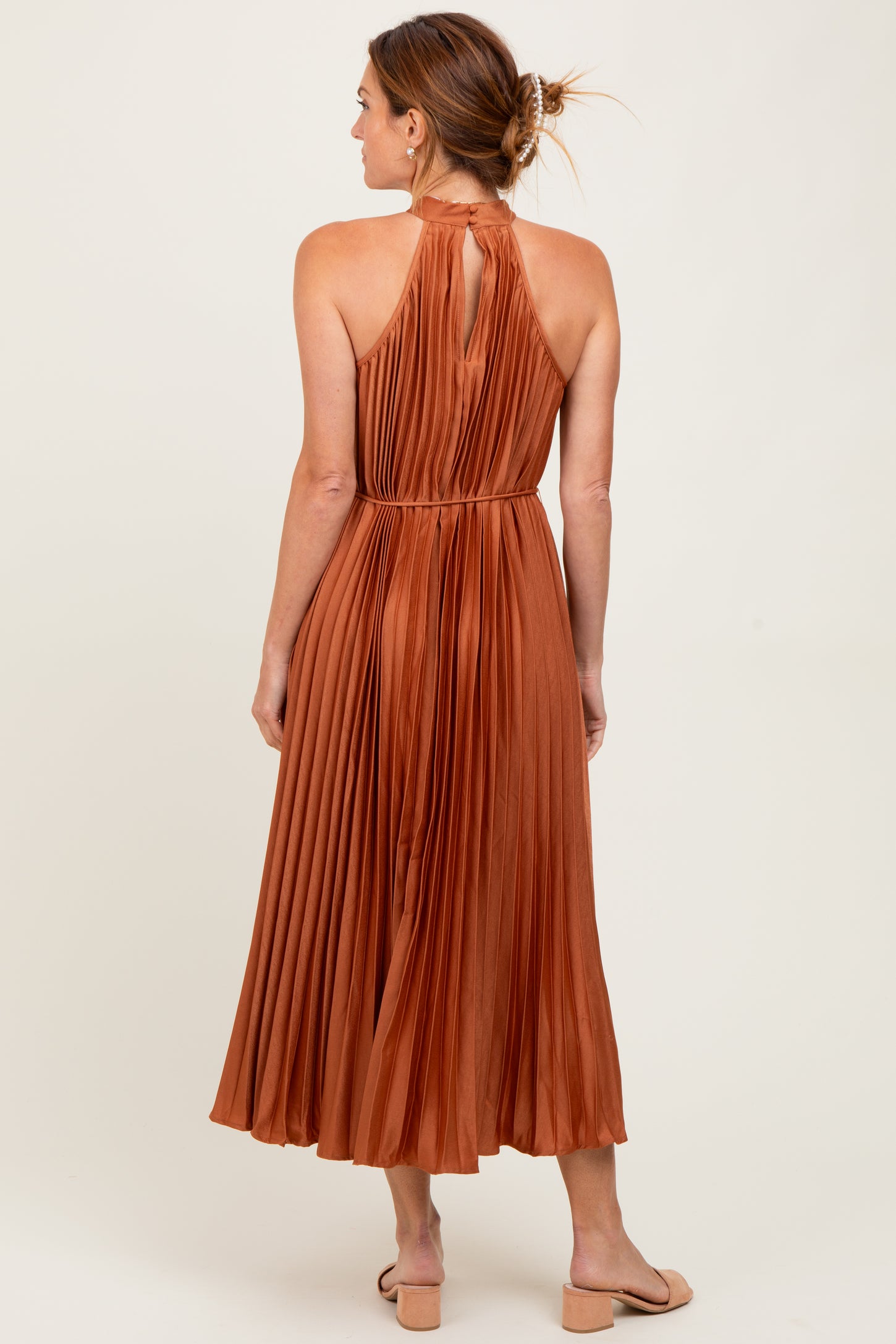 Mocha Pleated Halter Dress