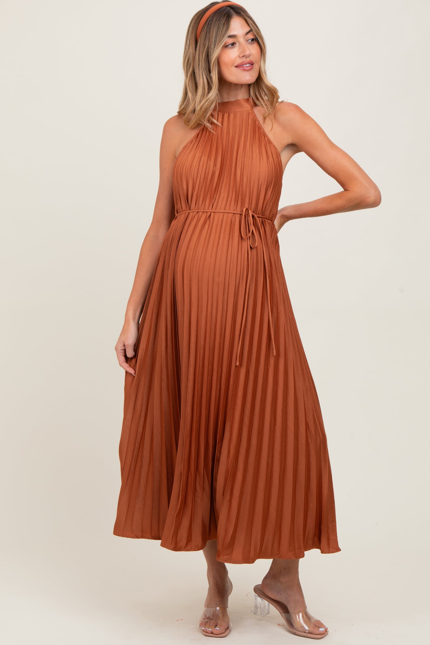Mocha Pleated Maternity Halter Dress