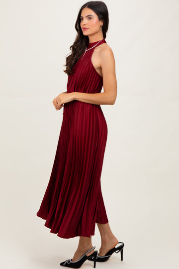 Burgundy Pleated Halter Dress