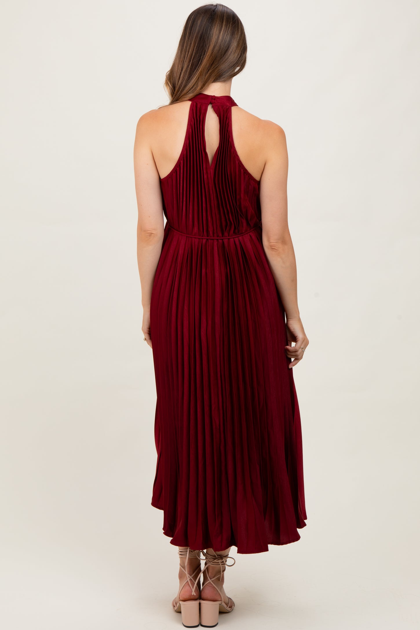 Burgundy Pleated Maternity Halter Dress