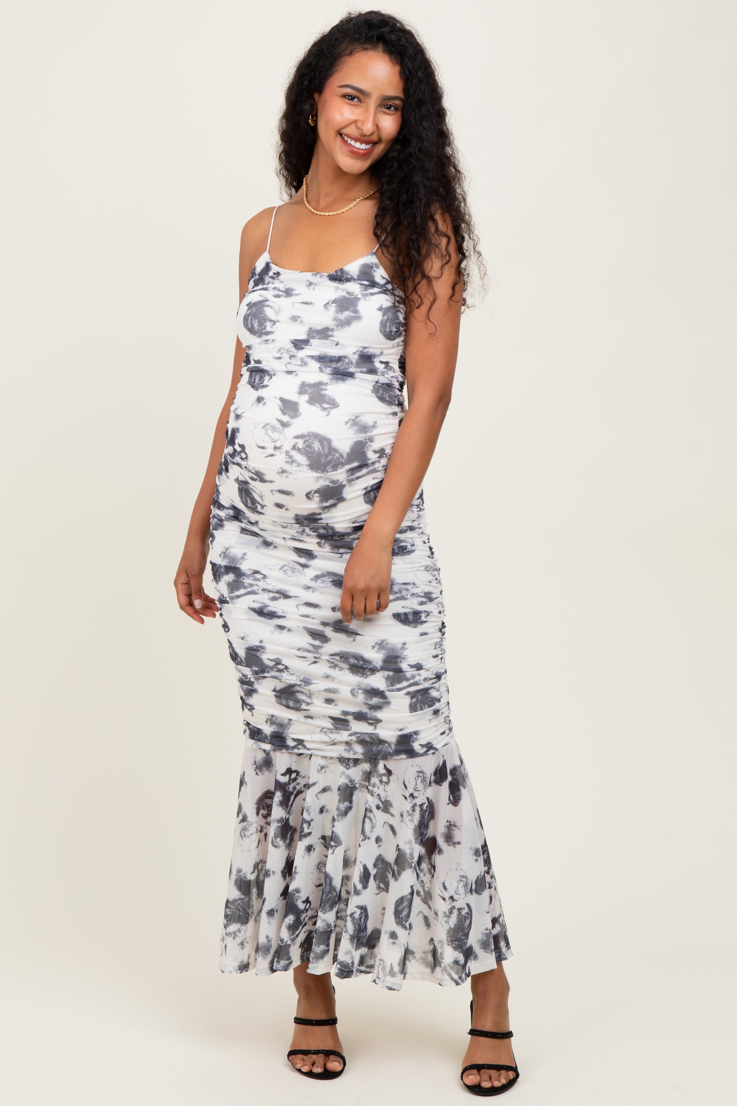 Grey Rose Floral Mesh Ruched Maternity Midi Dress