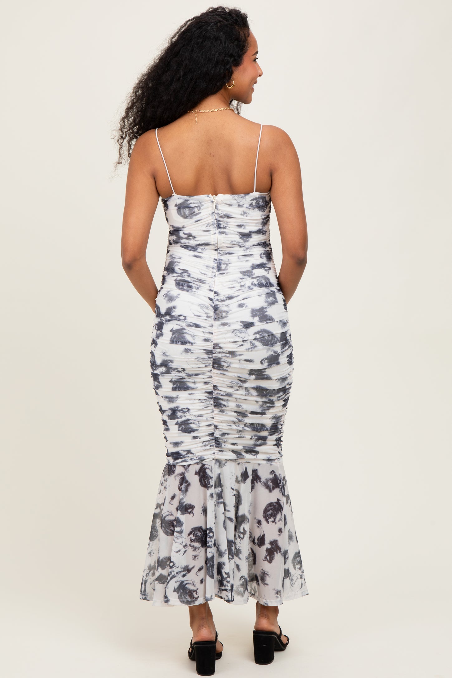 Grey Rose Floral Mesh Ruched Maternity Midi Dress