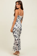 Grey Rose Floral Mesh Ruched Midi Dress