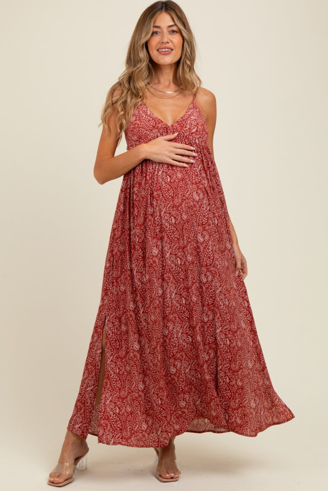 Rust Paisley Print Sleeveless Side Slit Maternity Maxi Dress