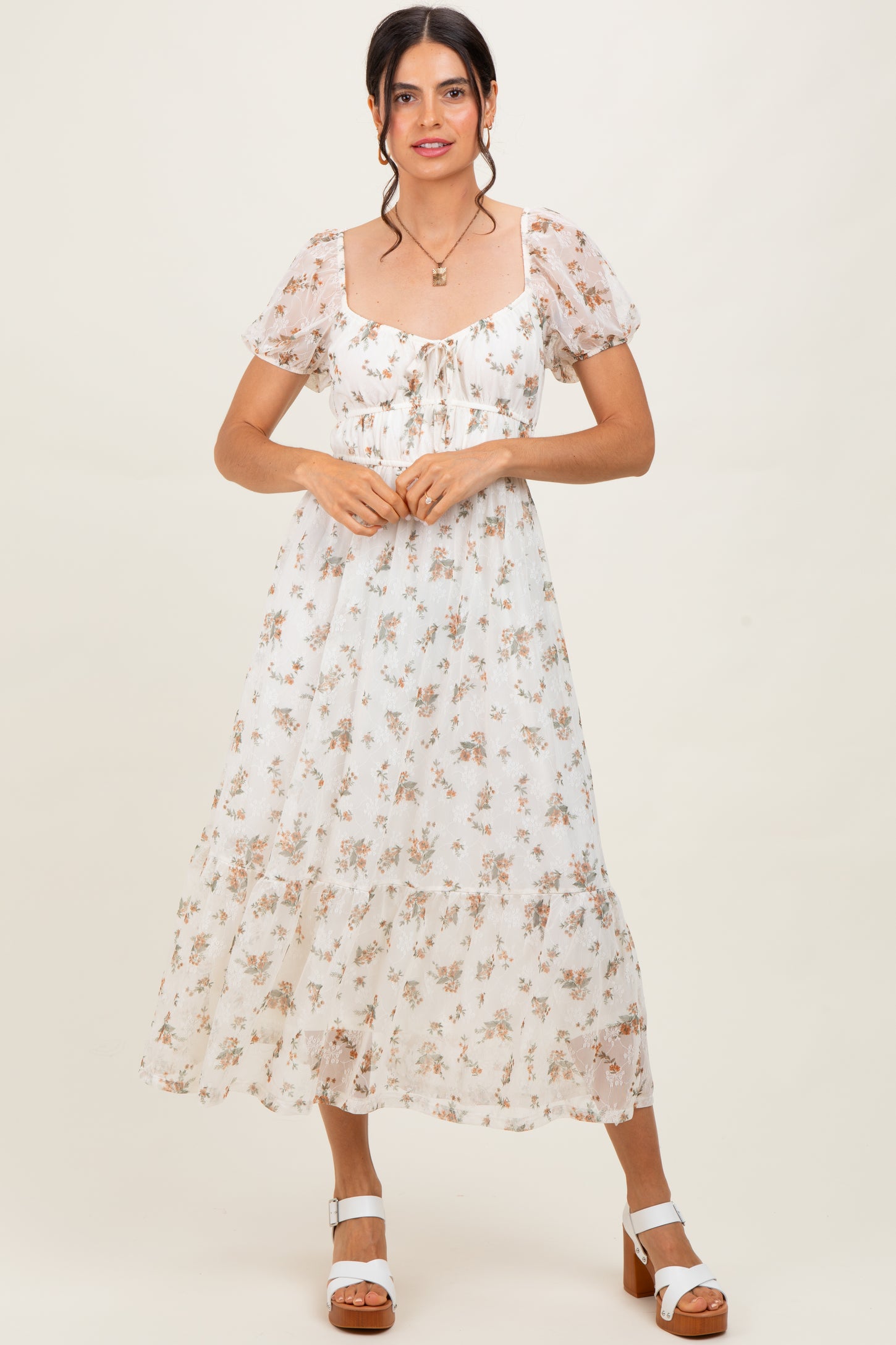 Ivory Floral Lace Overlay Puff Sleeve Midi Dress