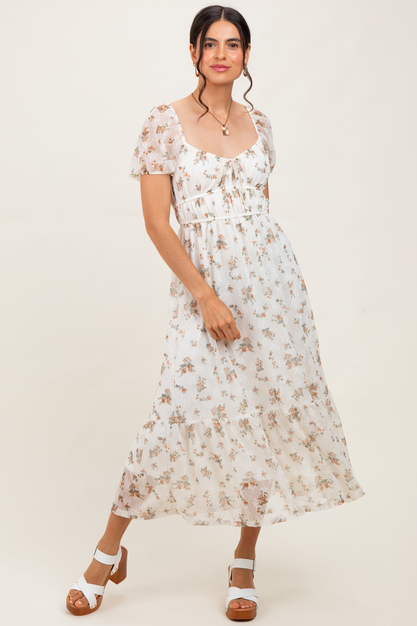 Ivory Floral Lace Overlay Puff Sleeve Midi Dress