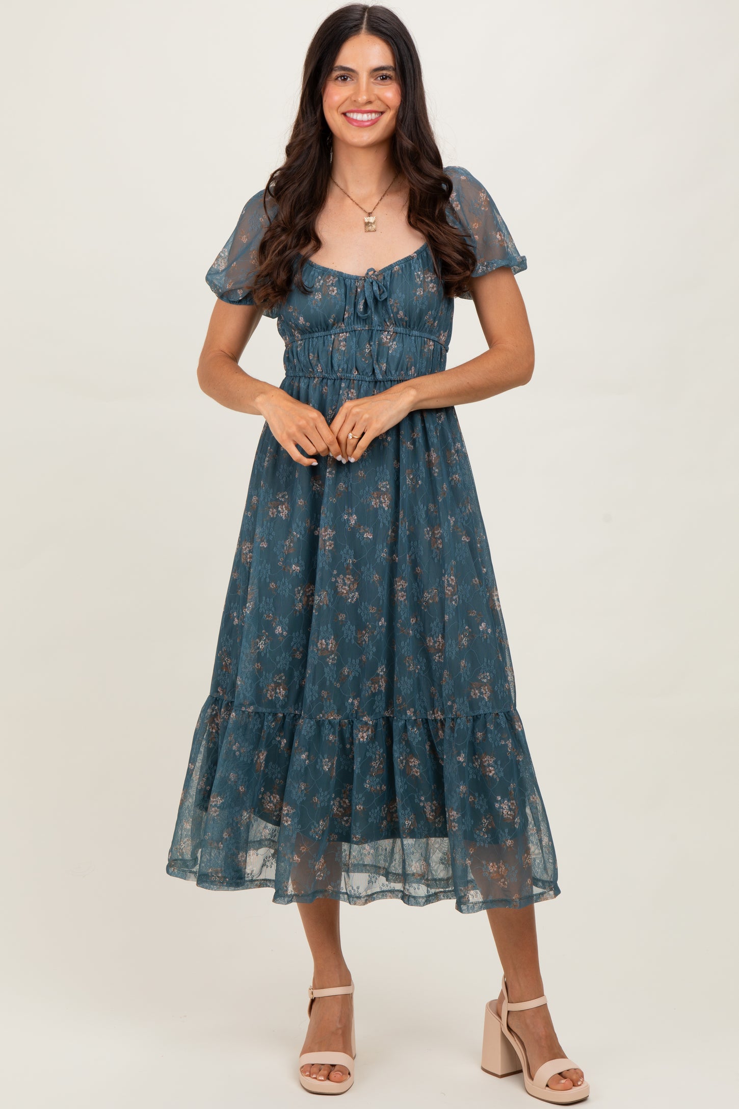 Deep Teal Floral Lace Overlay Puff Sleeve Maternity Midi Dress