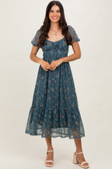 Deep Teal Floral Lace Overlay Puff Sleeve Maternity Midi Dress