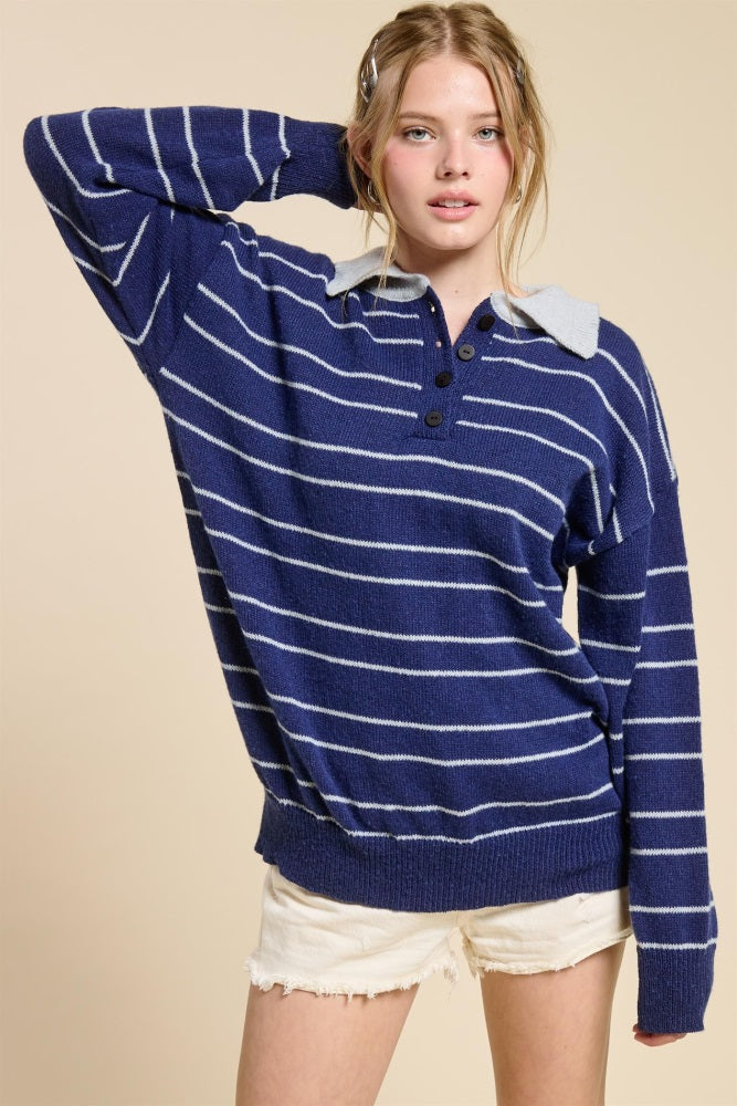 Navy Striped Knit Relaxed Fit Polo Sweater