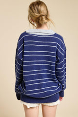 Navy Striped Knit Relaxed Fit Polo Sweater