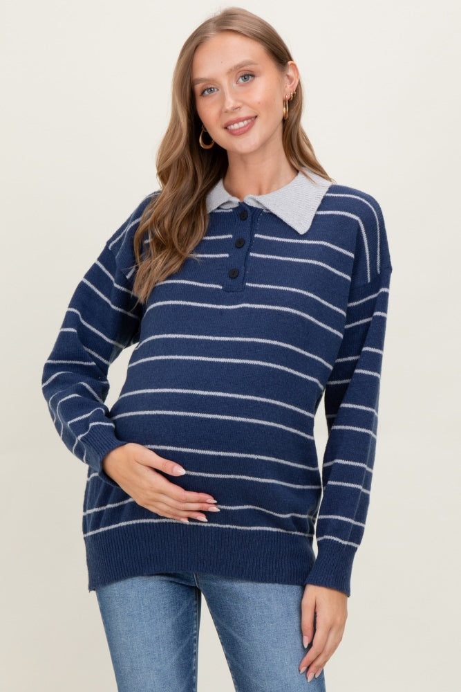 Navy Striped Knit Relaxed Fit Polo Maternity Sweater