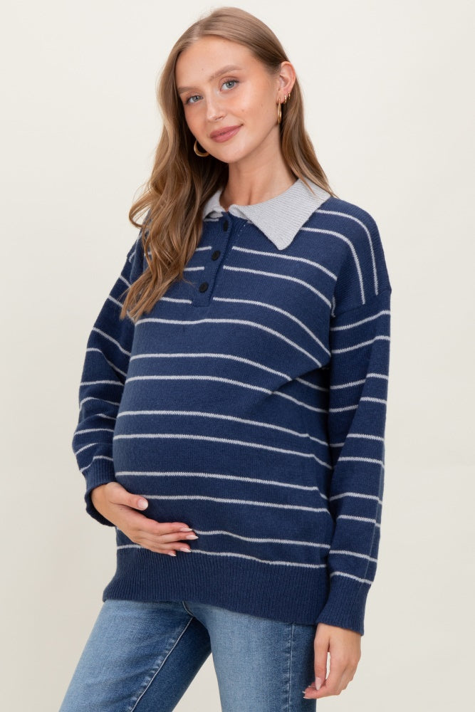 Navy Striped Knit Relaxed Fit Polo Maternity Sweater
