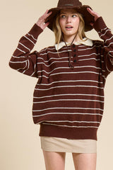 Brown Striped Knit Relaxed Fit Polo Maternity Sweater