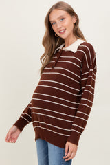 Brown Striped Knit Relaxed Fit Polo Maternity Sweater