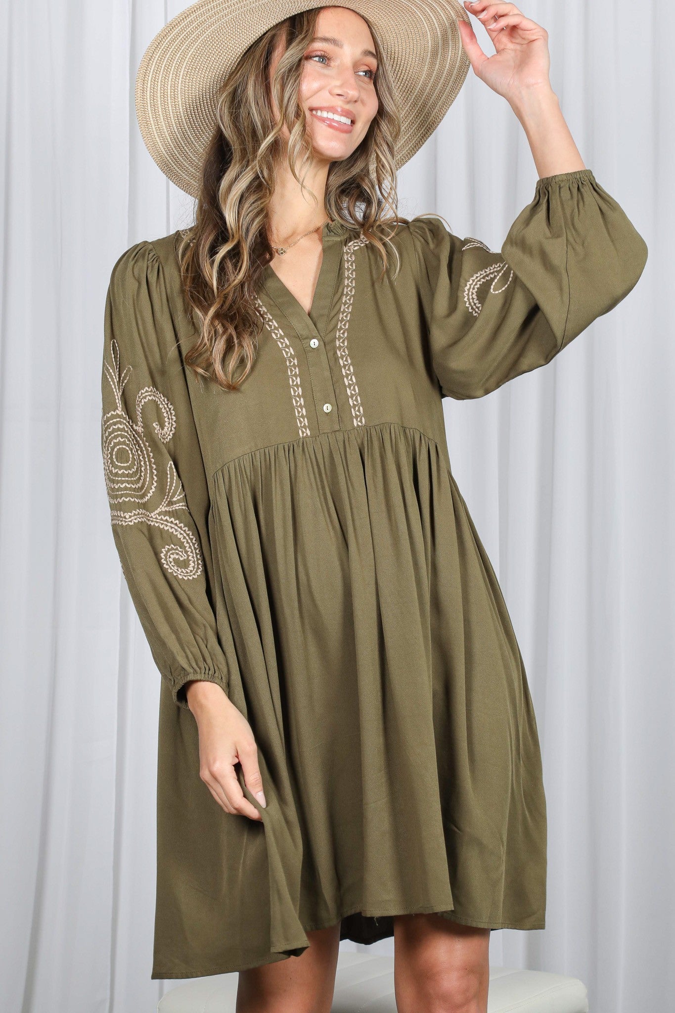 Olive Embroidered V-Neck Long Sleeve Maternity Dress