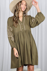 Olive Embroidered V-Neck Long Sleeve Dress