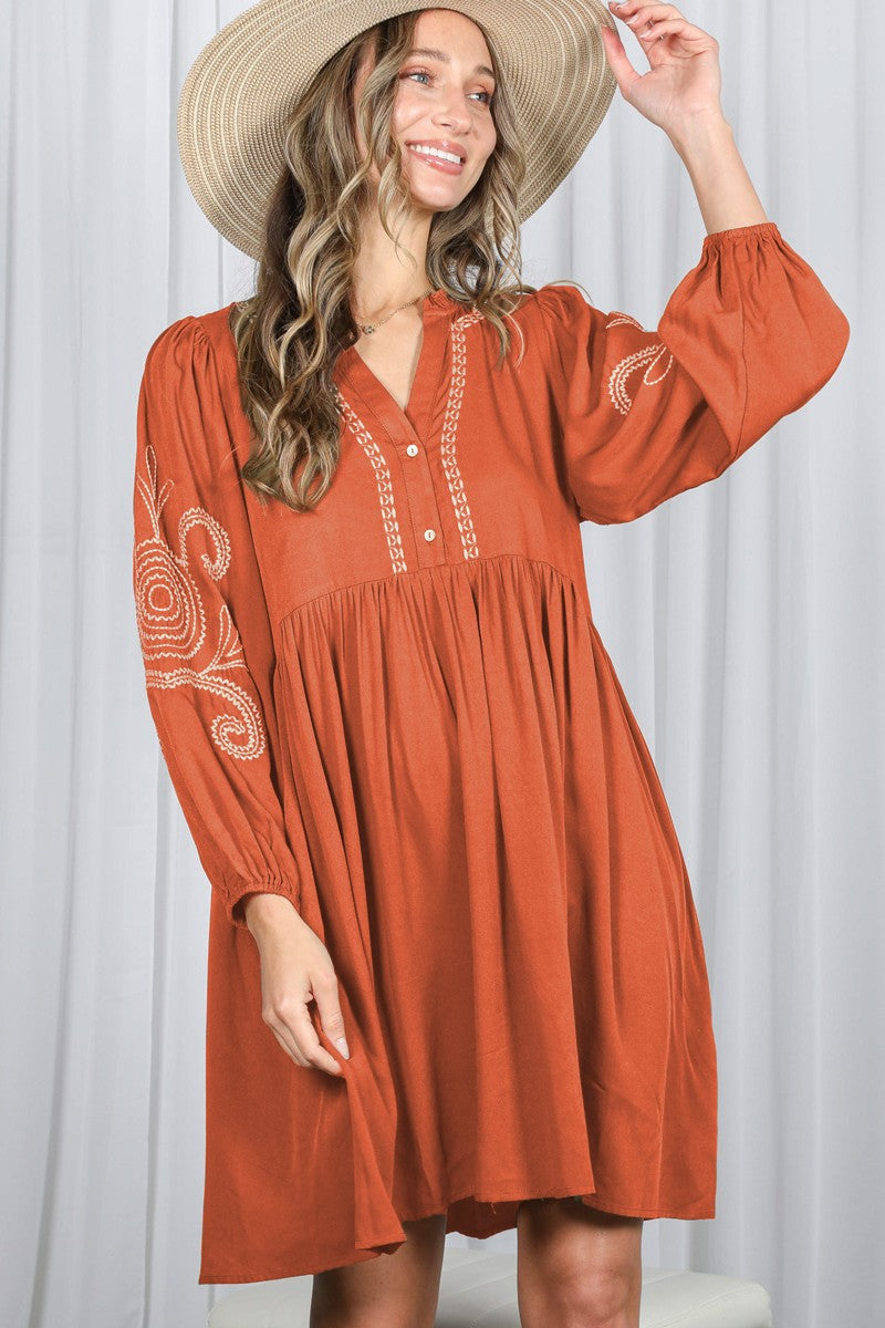 Rust Embroidered V-Neck Long Sleeve Maternity Dress