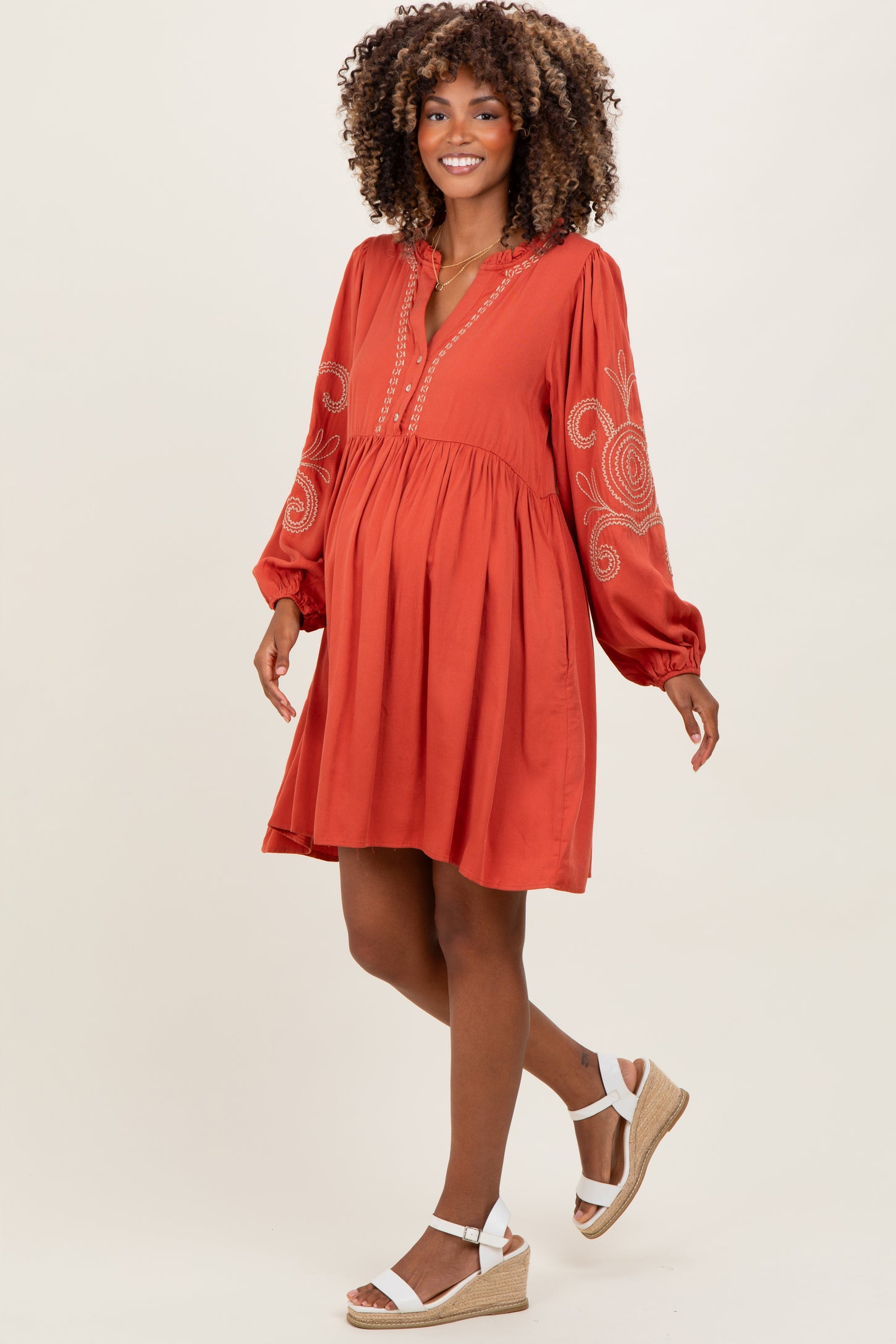 Rust Embroidered V-Neck Long Sleeve Maternity Dress