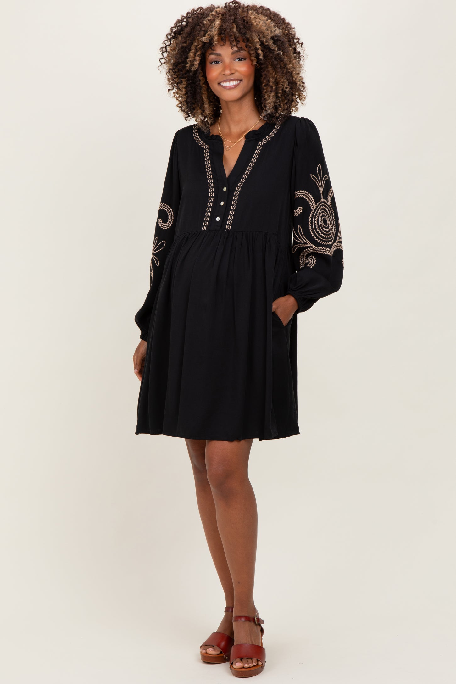 Black Embroidered V-Neck Long Sleeve Maternity Dress