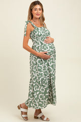 Light Olive Floral Tiered Shoulder Tie Maternity Midi Dress