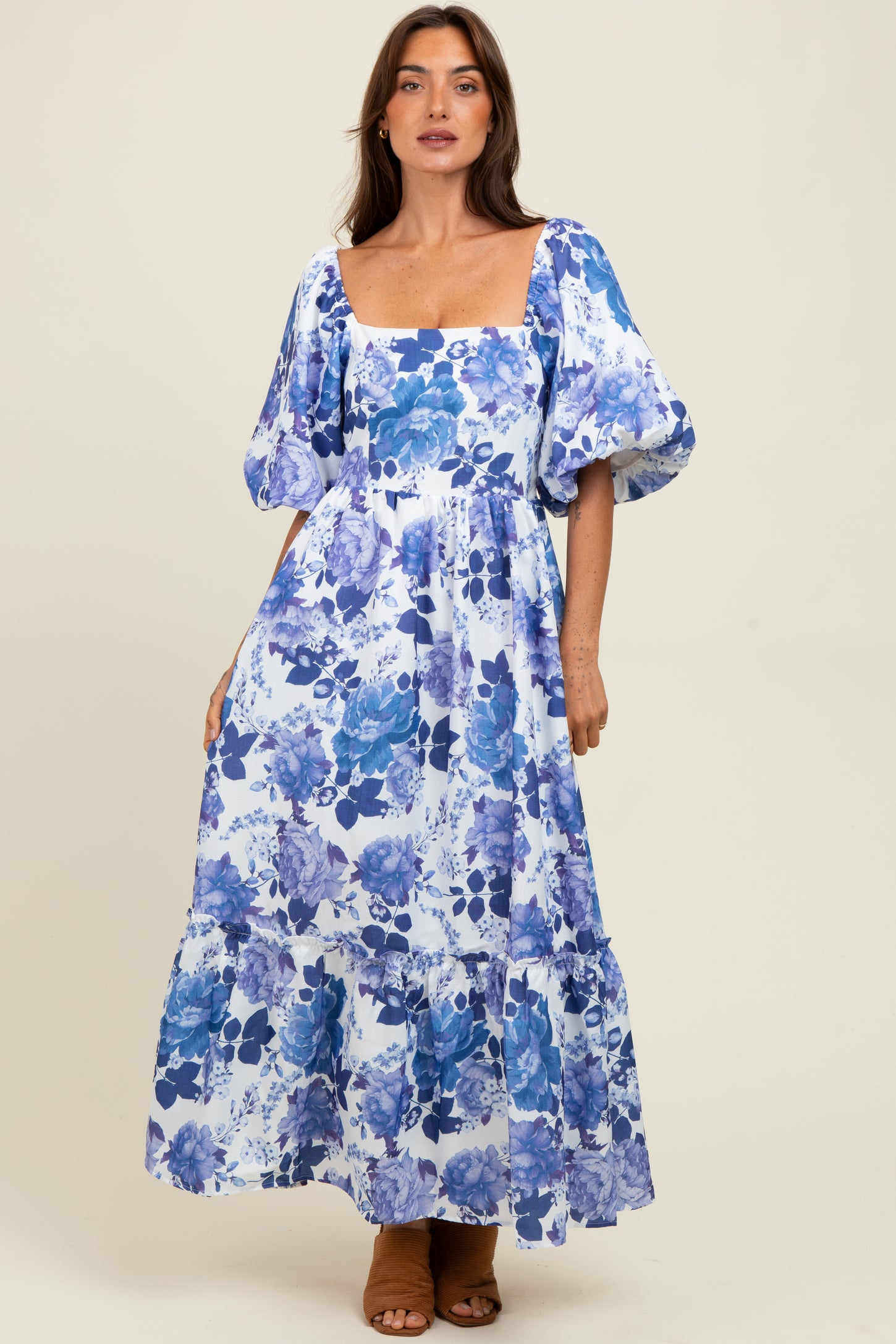 Blue Floral Square Neck Puffed Sleeve Maternity Maxi Dress