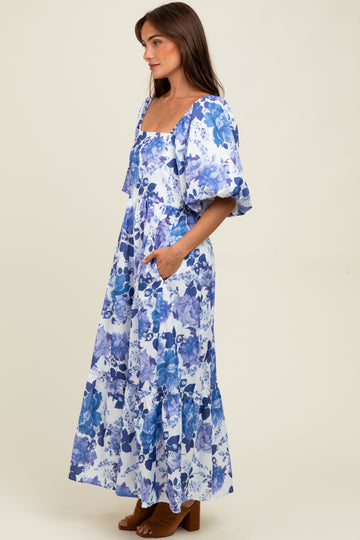 Blue Floral Square Neck Puffed Sleeve Maxi Dress