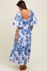 Blue Floral Square Neck Puffed Sleeve Maxi Dress