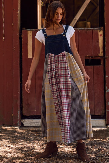 Multicolor Plaid Colorblock Denim Overall Dress