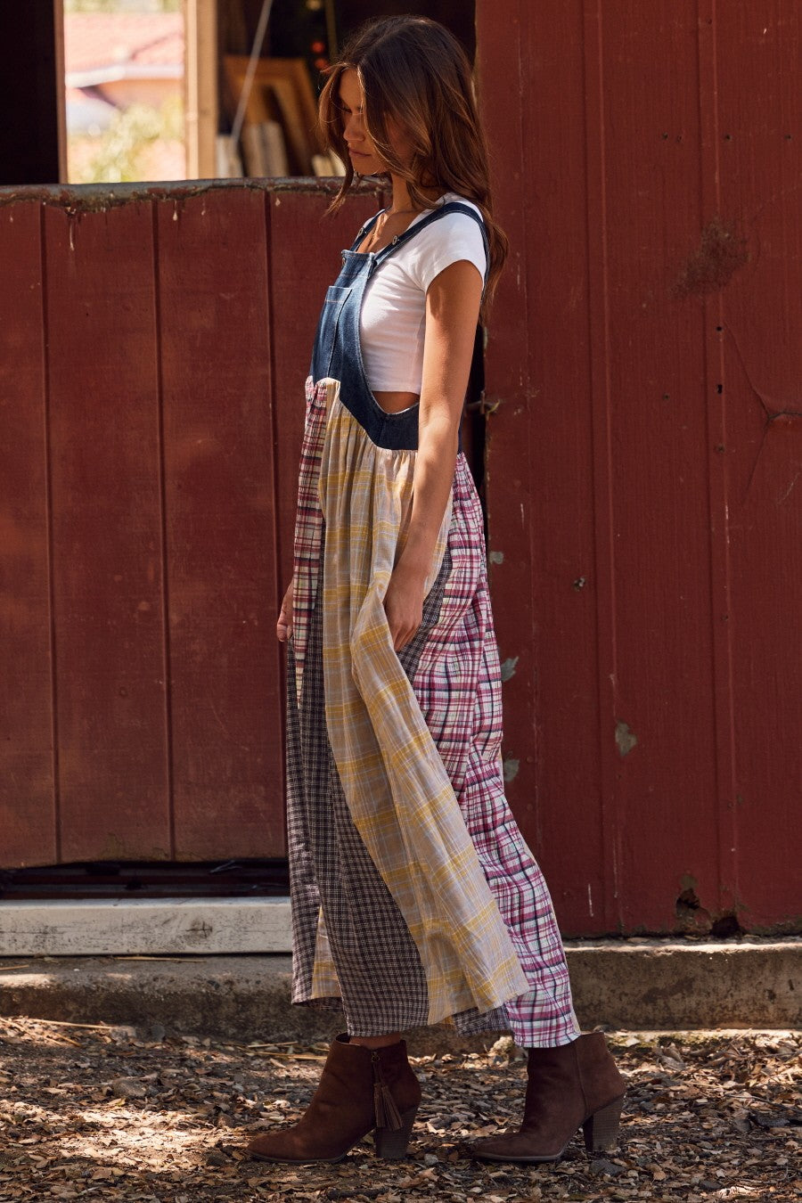 Multicolor Plaid Colorblock Denim Overall Dress