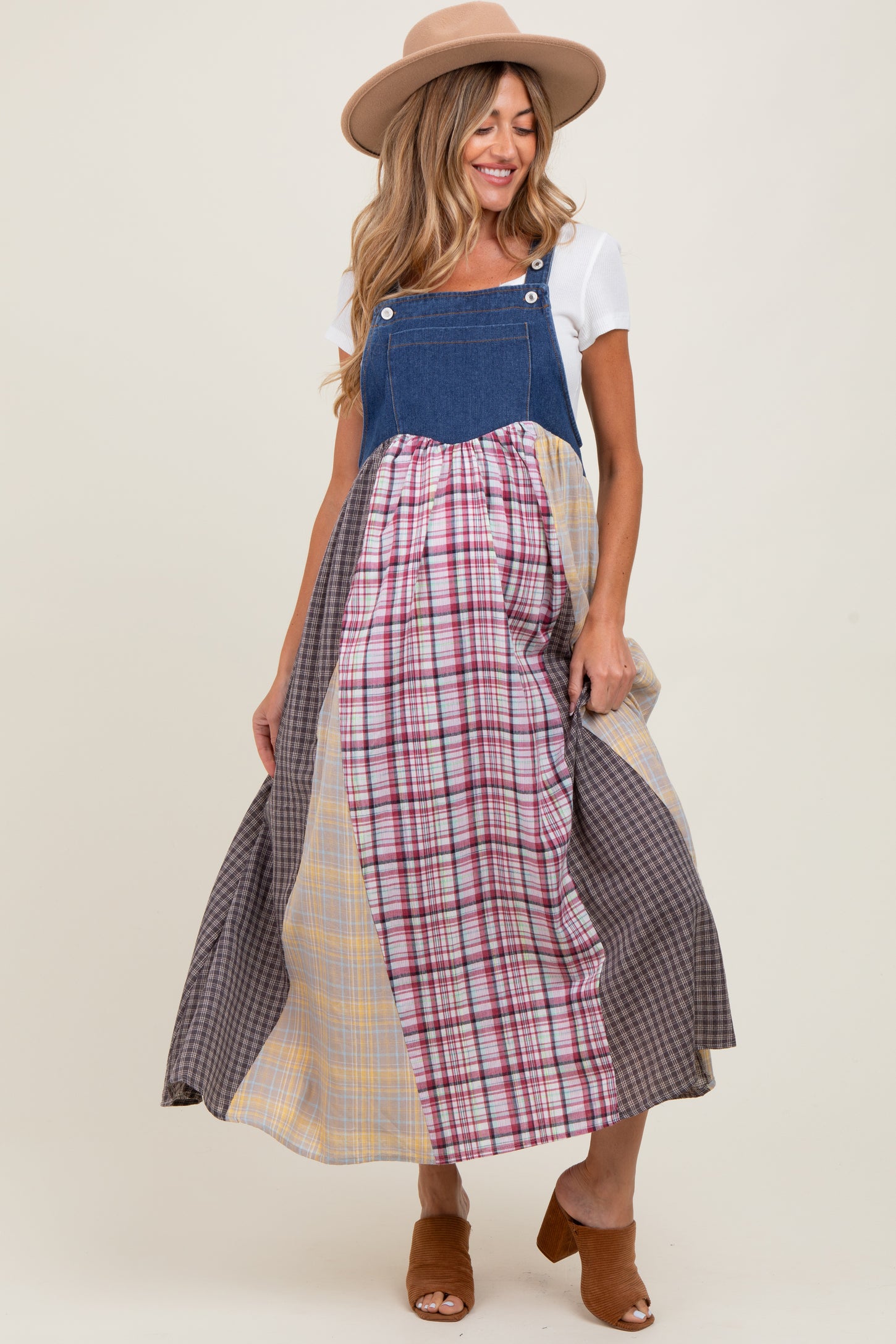 Multicolor Plaid Colorblock Denim Overall Maternity Dress